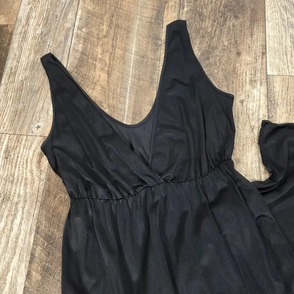Vintage Black Nylon Slip Dress Maxi Goth Minimalist Small Union Made Lingerie